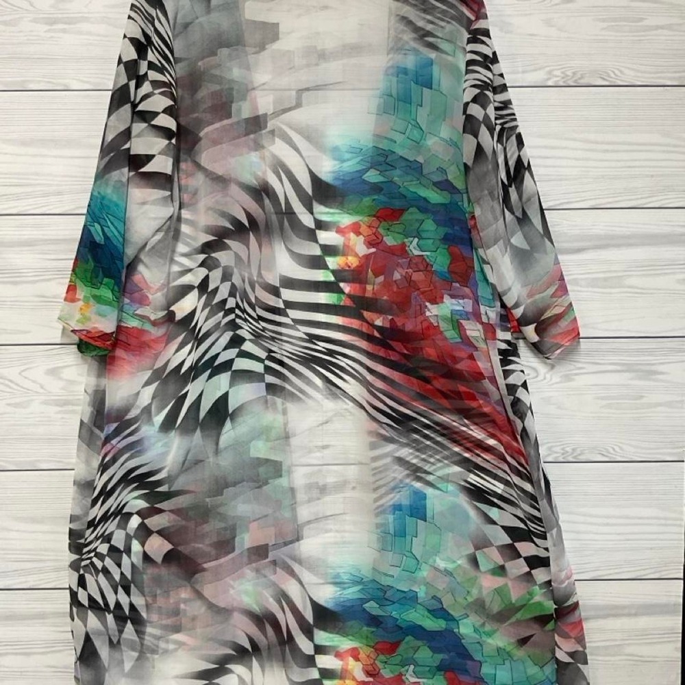 Avenue Sheer Kimono Topper Beach Cover Up Black White Vibrant Open Size 18/20 - Picture 2 of 6
